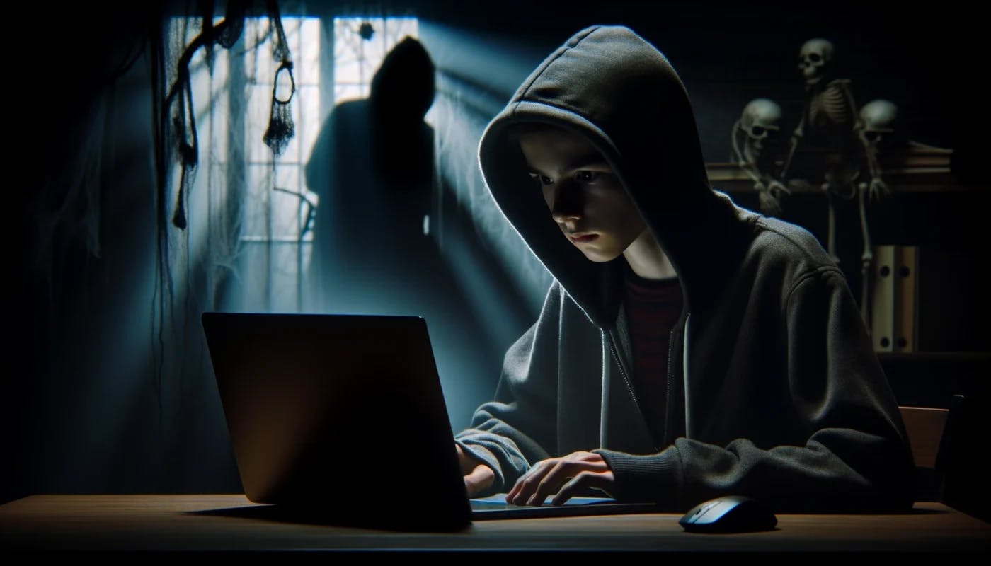 A teenager in a hoodie in front of a laptop on a dark and scary backdrop.