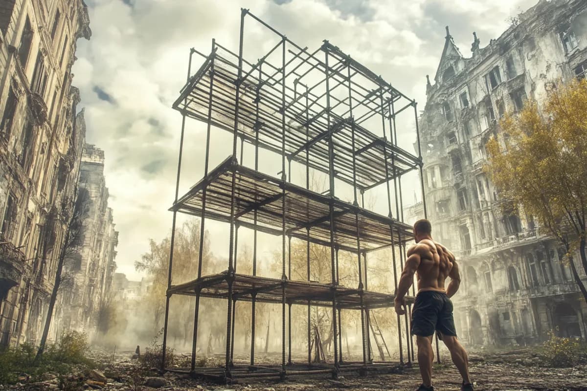 A strong man looking at a modular structure under construction in a class courtyard.