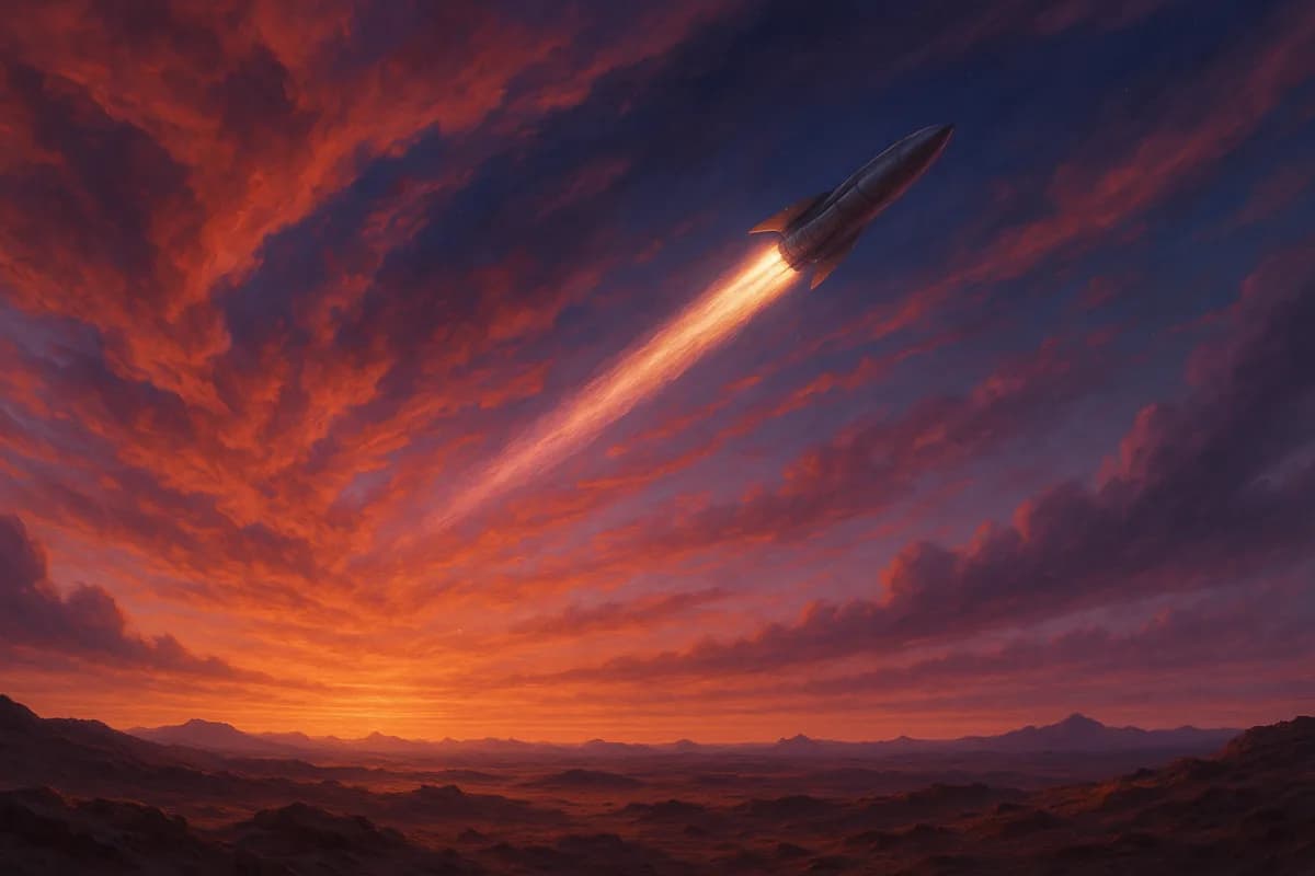 A futuristic planet with a rocket flying overhead. A slightly fish-eye lens with orange and teal color grading on a rocky martian-like ground.