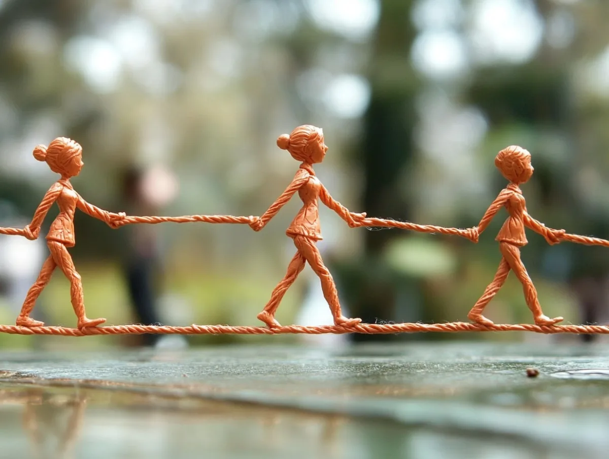 An HDR image of orange clay stick figures playing on a single string. They are delicately walking atop the line, joyfully playing.