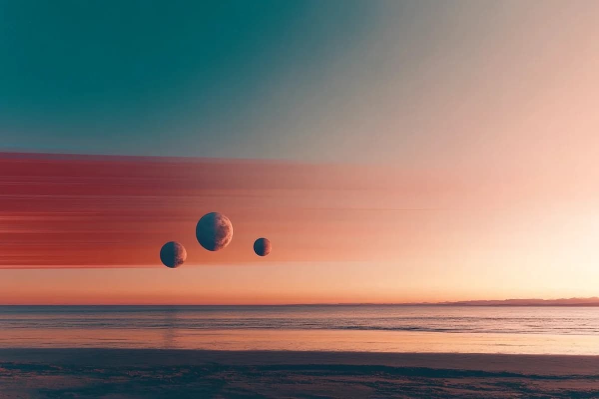 A futuristic sea shore overlooking rolling waves with a planet and two moons.