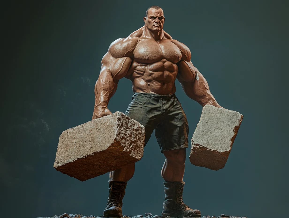 An absolutely ripped dude holding two differently sized bricks and wondering which one is heavier. Fortunately, Rust's criterion.rs can help him statistically compare the two so that he can rigorously detect which is heavier.