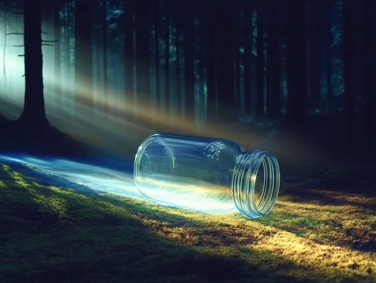 An artistically styled image of an empty jar in a beautiful forest, lost but extant.
